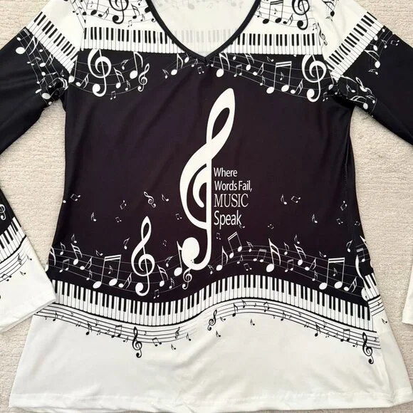 Music Notes Long Sleeve Top Size M Black White V Neck Piano Keys Print - Picture 2 of 9